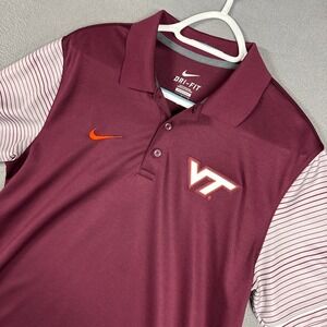 Nike Polo Shirt Mens Large Maroon Virginia Tech Hokies Dri-FIT Striped Sleeve